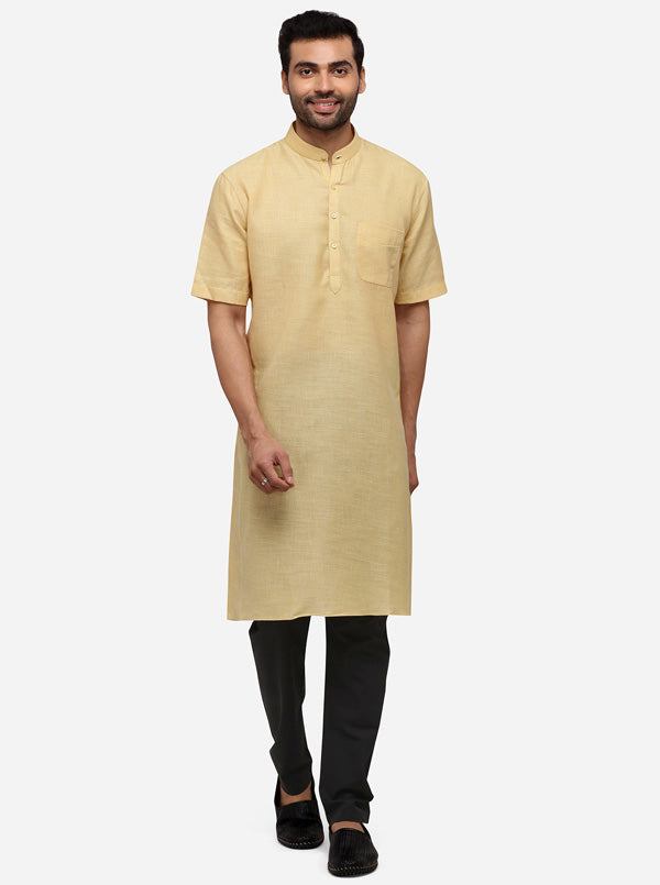 Light Yellow Self Textured Regular Fit Modi Kurta | JadeBlue