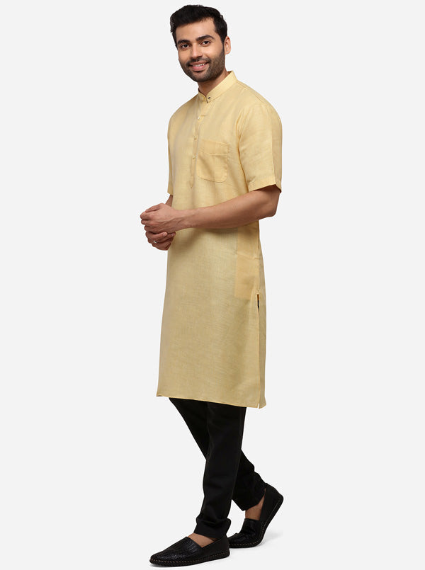 Light Yellow Self Textured Regular Fit Modi Kurta | JadeBlue