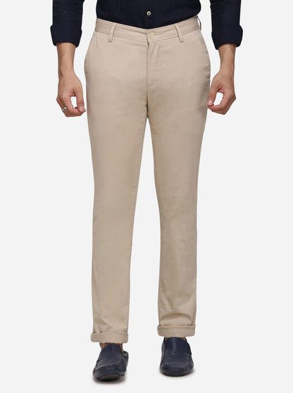 Cream Solid Super Slim Fit Casual Trouser | Greenfibre