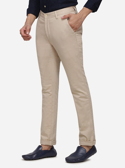 Cream Solid Super Slim Fit Casual Trouser | Greenfibre