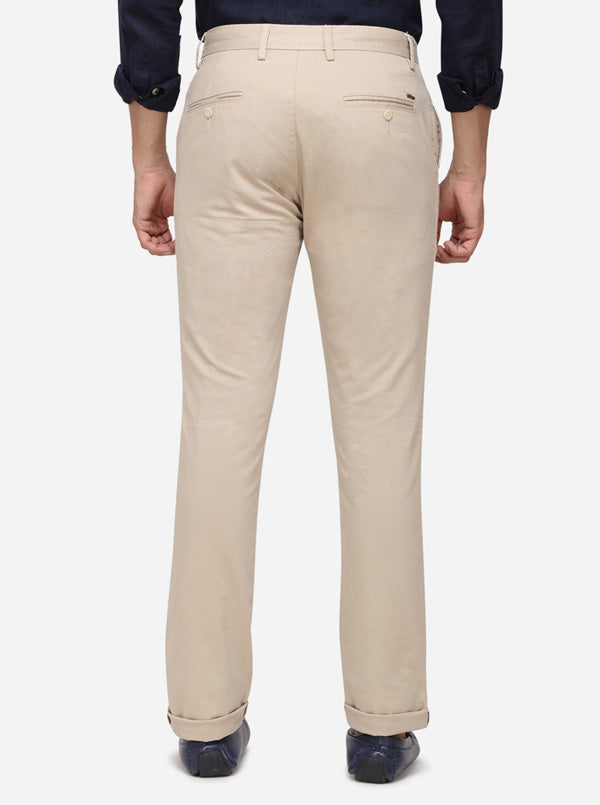 Cream Solid Super Slim Fit Casual Trouser | Greenfibre