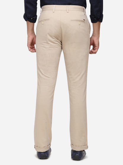 Cream Solid Super Slim Fit Casual Trouser | Greenfibre