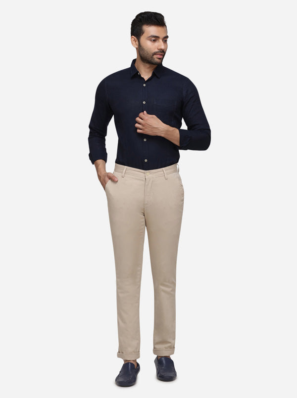 Cream Solid Super Slim Fit Casual Trouser | Greenfibre