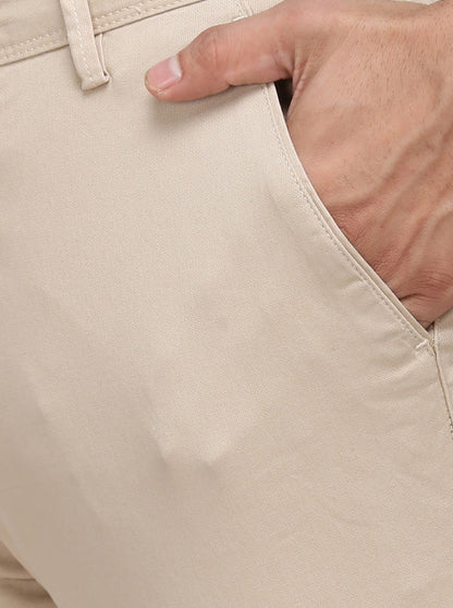 Cream Solid Super Slim Fit Casual Trouser | Greenfibre