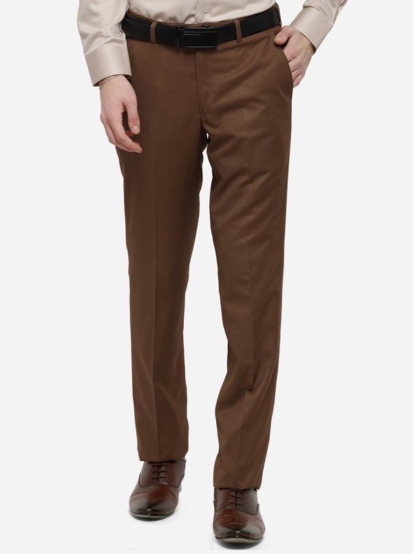 Brown Solid Slim Fit Formal Trouser | Greenfibre