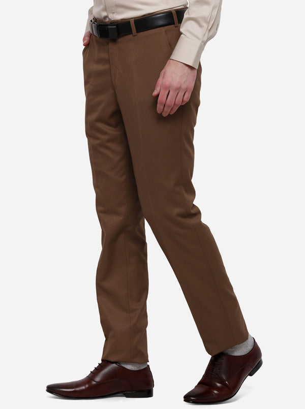 Brown Solid Slim Fit Formal Trouser | Greenfibre