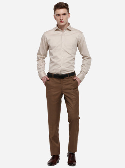 Brown Solid Slim Fit Formal Trouser | Greenfibre