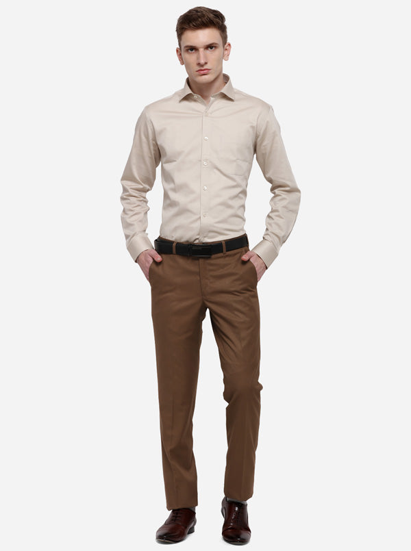 Brown Solid Slim Fit Formal Trouser | Greenfibre