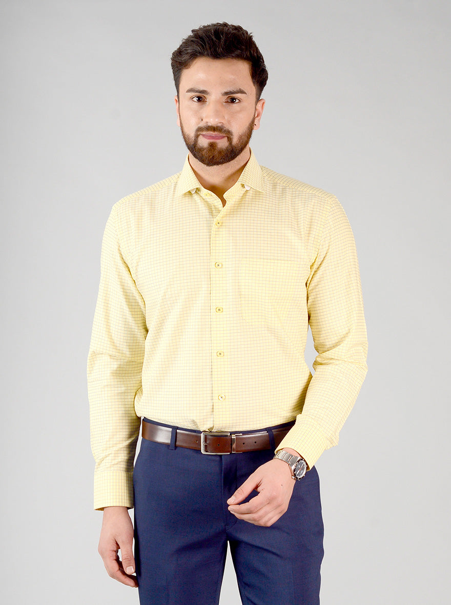 Yellow & Blue Checked Regular Fit Formal Shirt | JadeBlue