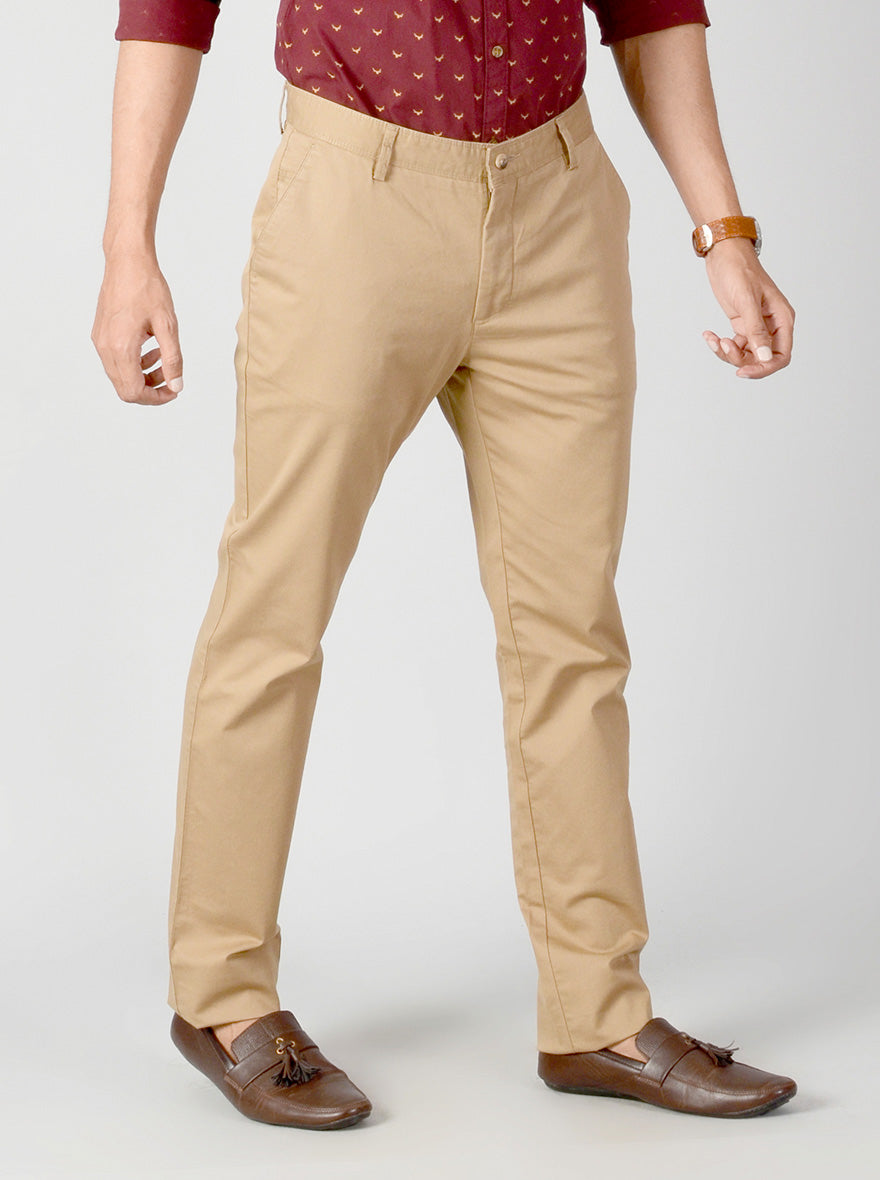 Light Brown Self Textured Slim Fit Casual Trouser | Greenfibre