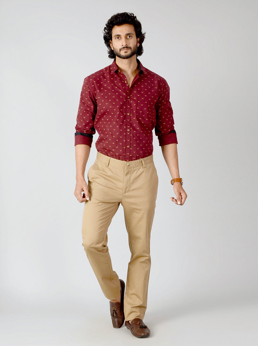 Light Brown Self Textured Slim Fit Casual Trouser | Greenfibre