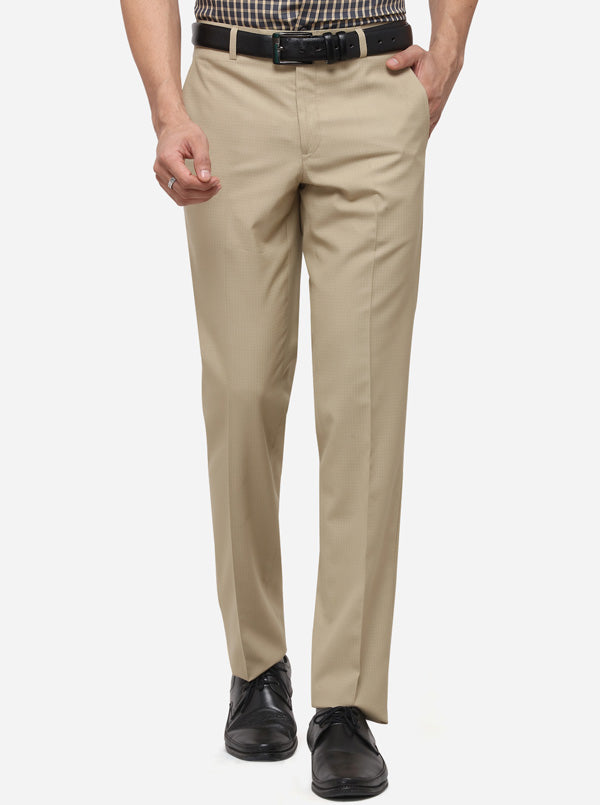 Beige Slim Fit Checked Formal Trouser | Greenfibre