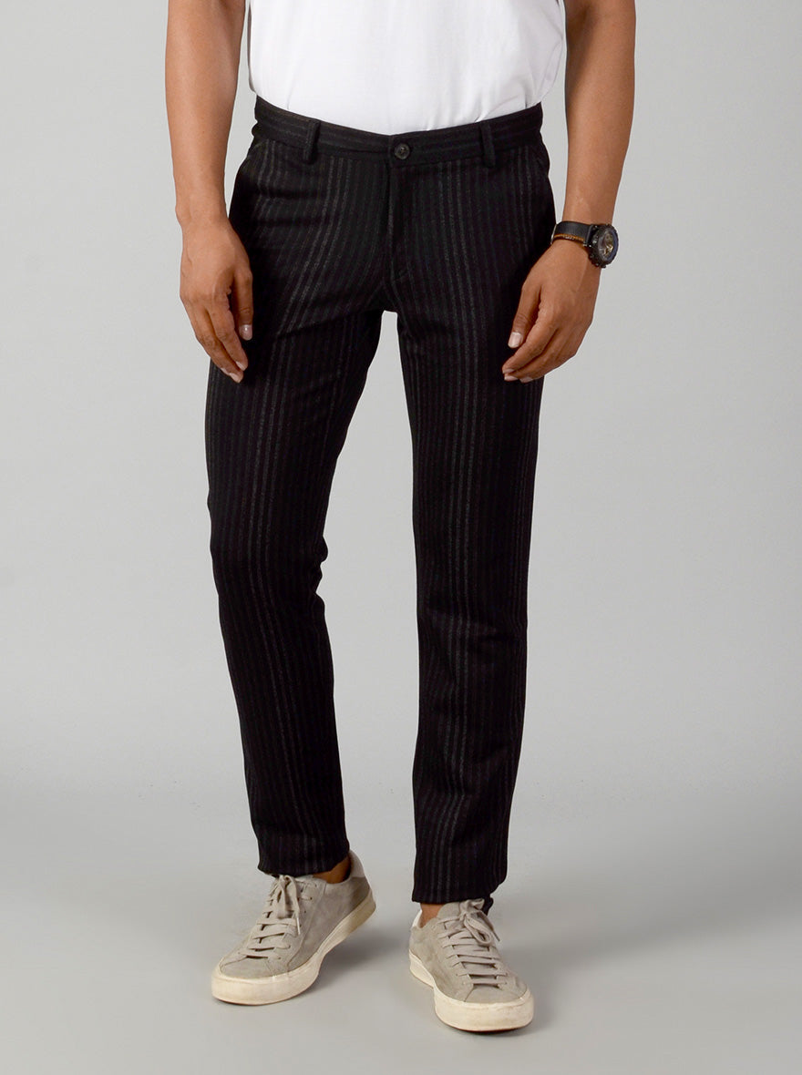 Black Striped Slim Fit Casual Trouser | JB Sport