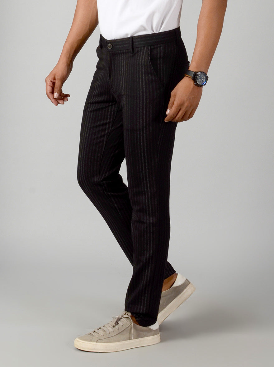 Black Striped Slim Fit Casual Trouser | JB Sport