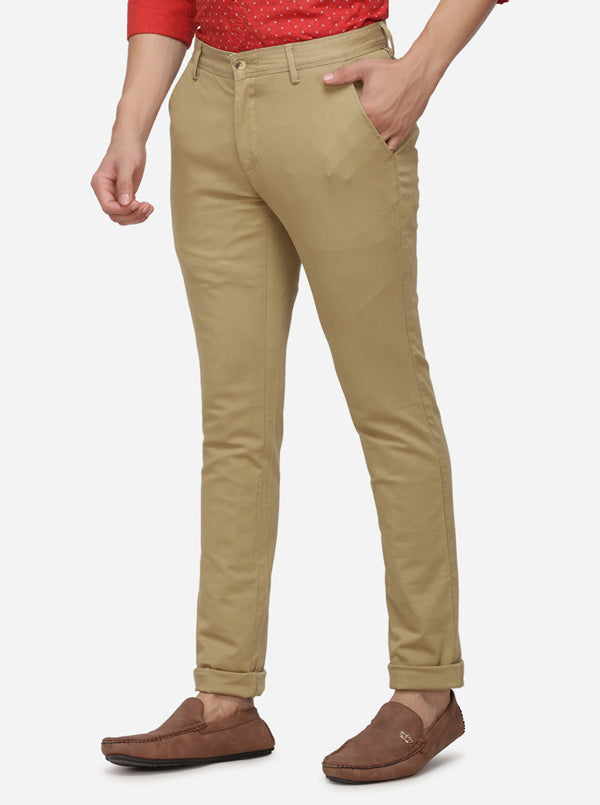 Khaki Solid Super Slim Fit Casual Trouser | Greenfibre