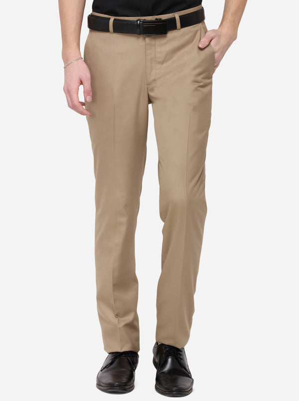 Beige Solid Slim Fit Formal Trouser | Greenfibre