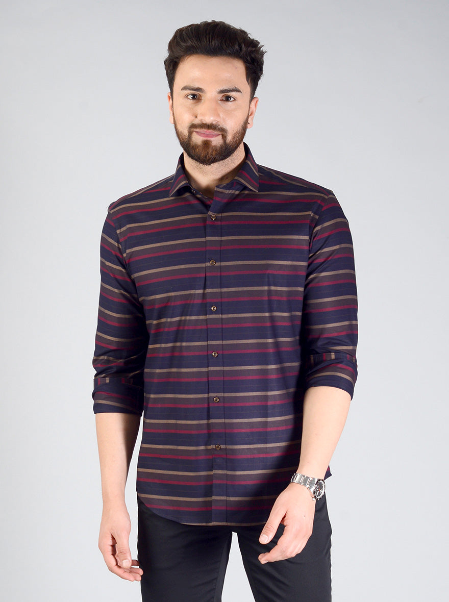 Blue & Red Striped Slim Fit Evening Wear Shirt | Metal