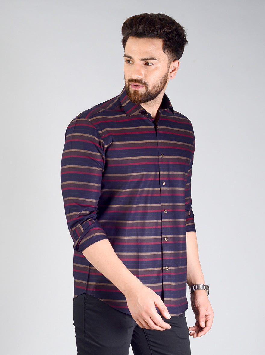 Blue & Red Striped Slim Fit Evening Wear Shirt | Metal