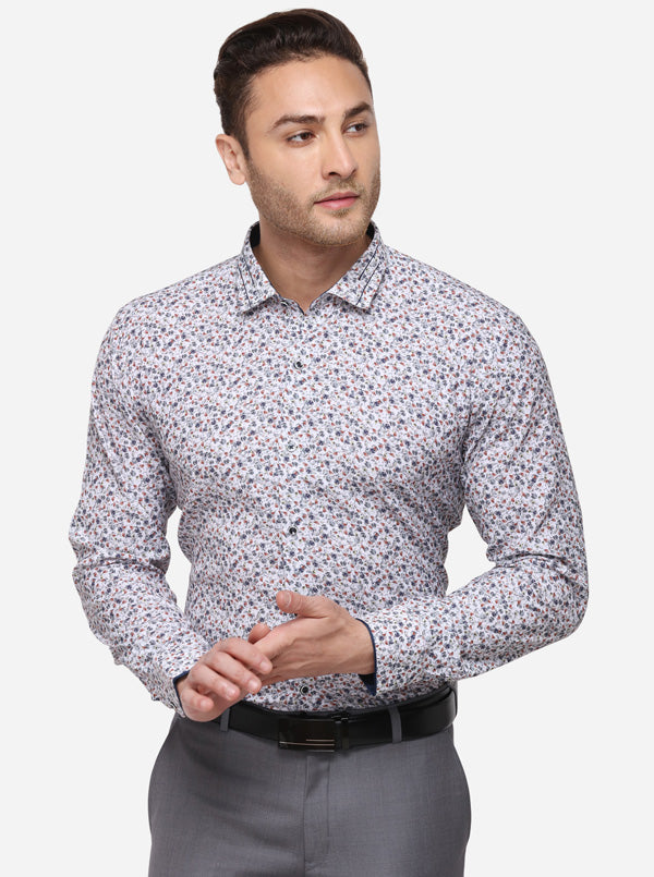 White & Grey Printed Slim Fit Party Wear Shirt | JB Studio