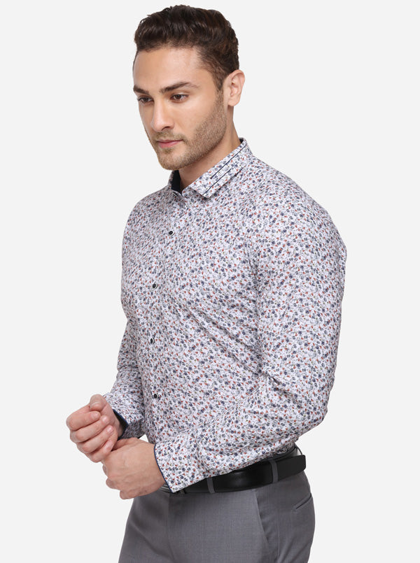 White & Grey Printed Slim Fit Party Wear Shirt | JB Studio