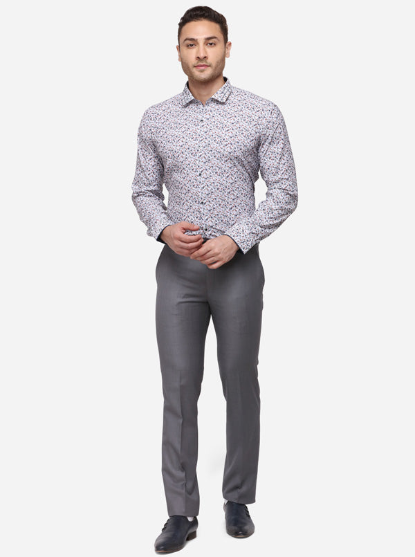 White & Grey Printed Slim Fit Party Wear Shirt | JB Studio