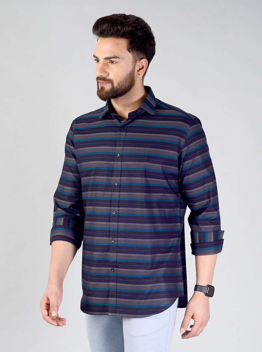 Blue & Grey Striped Slim Fit Evening Wear Shirt | Metal