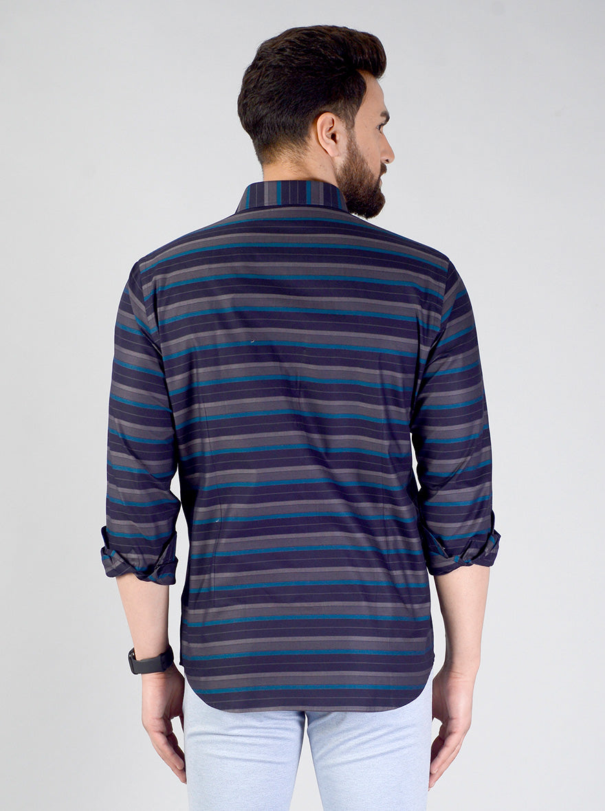 Blue & Grey Striped Slim Fit Evening Wear Shirt | Metal