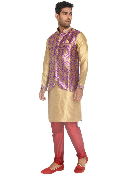 Golden Kurta Set with Purple Koti