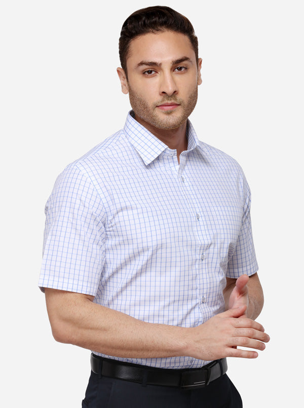 White & Sky Blue Checked Regular Fit Formal Shirt | Greenfibre