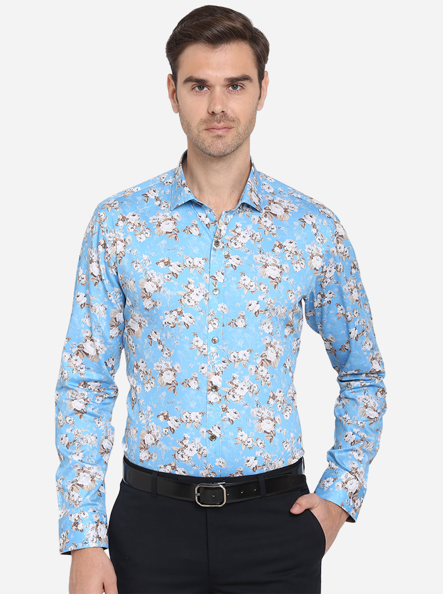 Sky Blue Printed Slim Fit Party Wear Shirt | Wyre