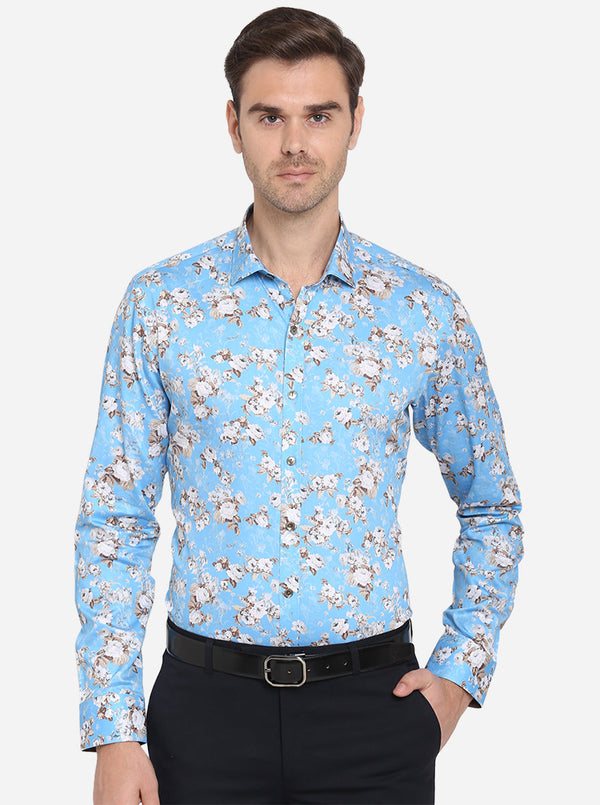 Sky Blue Printed Slim Fit Party Wear Shirt | Wyre