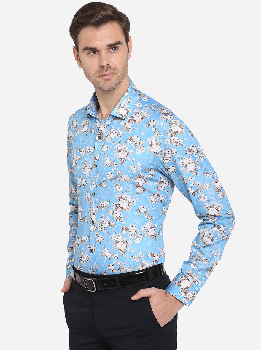 Sky Blue Printed Slim Fit Party Wear Shirt | Wyre