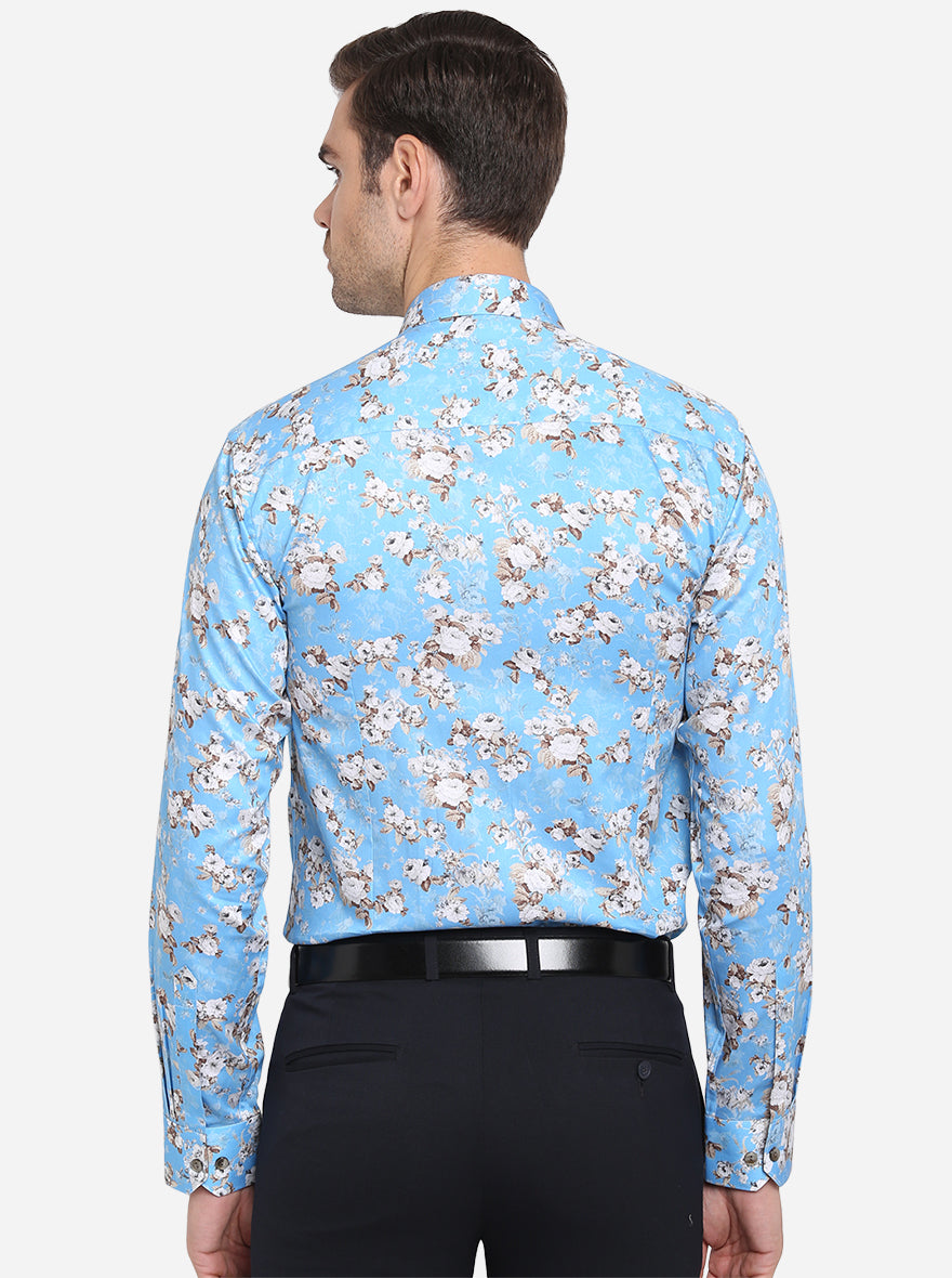 Sky Blue Printed Slim Fit Party Wear Shirt | Wyre