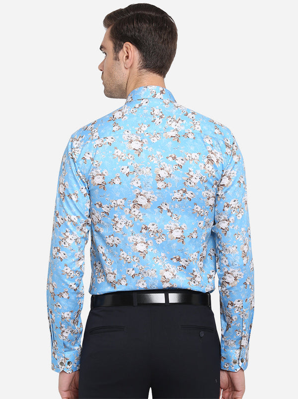Sky Blue Printed Slim Fit Party Wear Shirt | Wyre