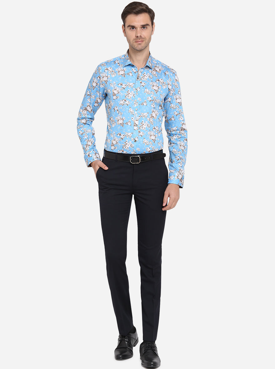 Sky Blue Printed Slim Fit Party Wear Shirt | Wyre