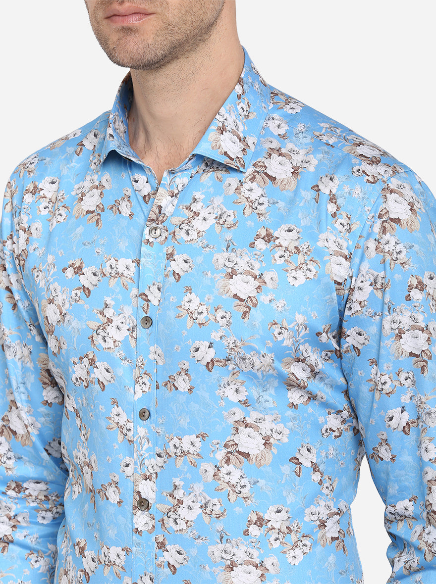 Sky Blue Printed Slim Fit Party Wear Shirt | Wyre