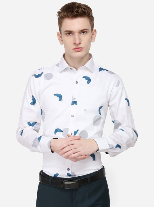 White & Blue Printed Slim Fit Party Wear Shirt | Wyre