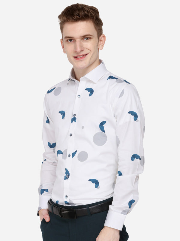 White & Blue Printed Slim Fit Party Wear Shirt | Wyre