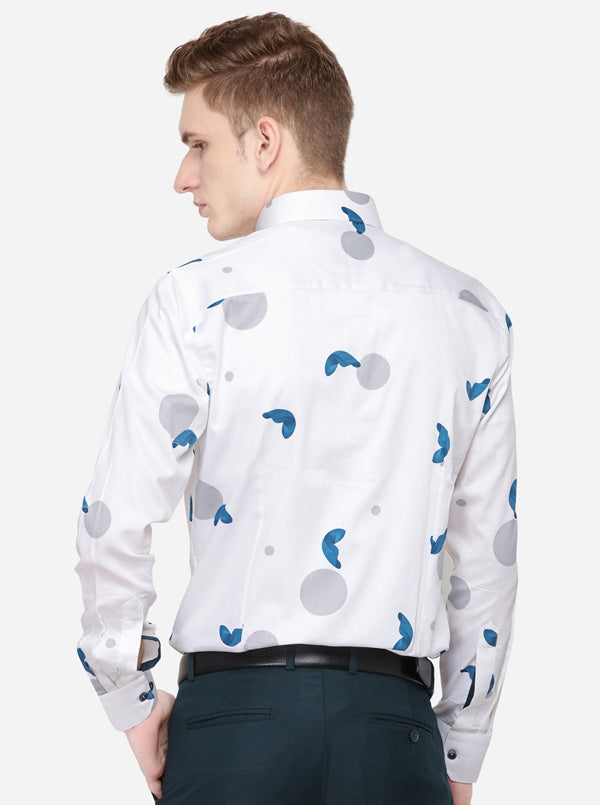 White & Blue Printed Slim Fit Party Wear Shirt | Wyre