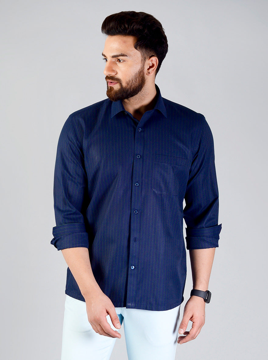 Navy Blue Striped Regular Fit Formal Shirt | Greenfibre