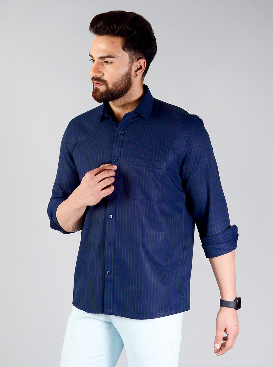 Navy Blue Striped Regular Fit Formal Shirt | Greenfibre