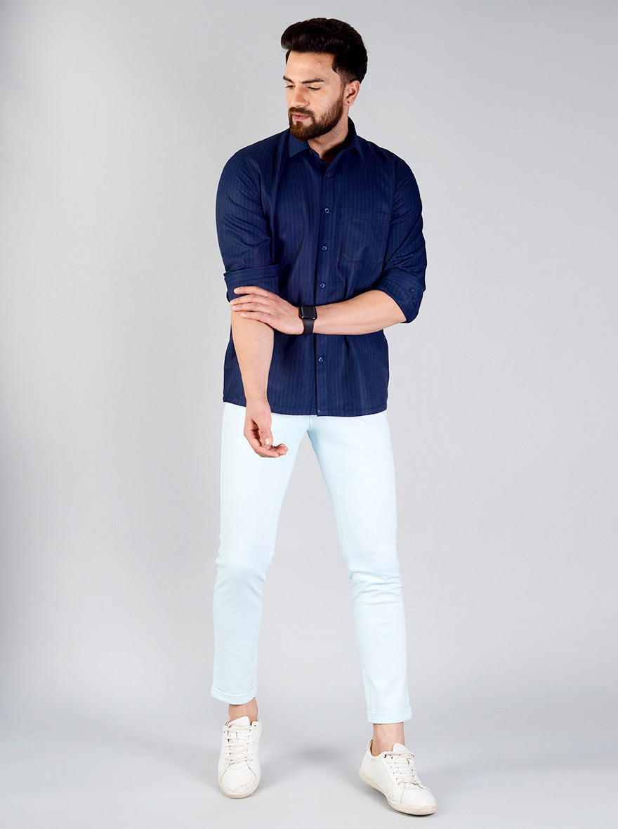 Navy Blue Striped Regular Fit Formal Shirt | Greenfibre