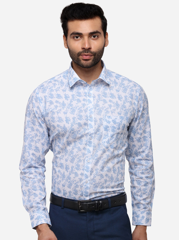 White & Blue Printed Slim Fit Formal Shirt | Greenfibre