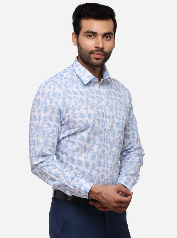 White & Blue Printed Slim Fit Formal Shirt | Greenfibre