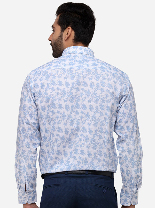 White & Blue Printed Slim Fit Formal Shirt | Greenfibre