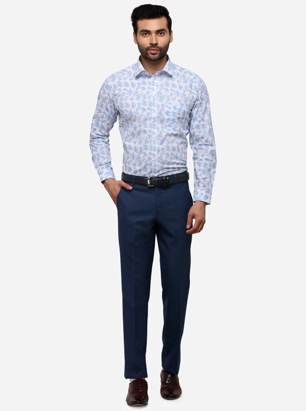 White & Blue Printed Slim Fit Formal Shirt | Greenfibre