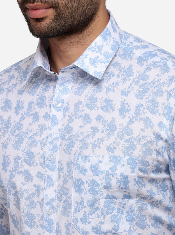 White & Blue Printed Slim Fit Formal Shirt | Greenfibre