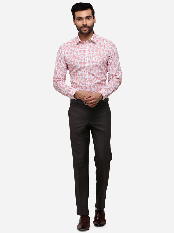 White & Peach Printed Slim Fit Formal Shirt | Greenfibre