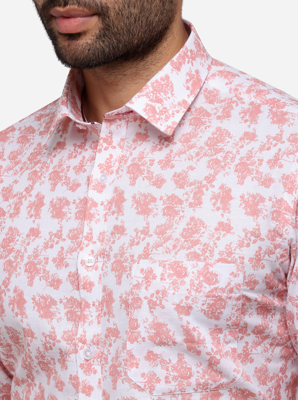 White & Peach Printed Slim Fit Formal Shirt | Greenfibre