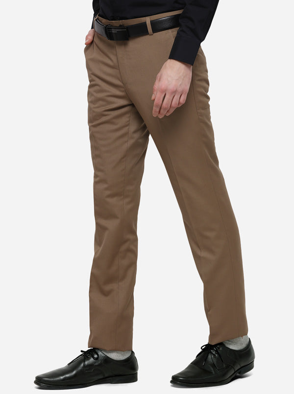 Beige Solid Slim Fit Formal Trouser | Metal